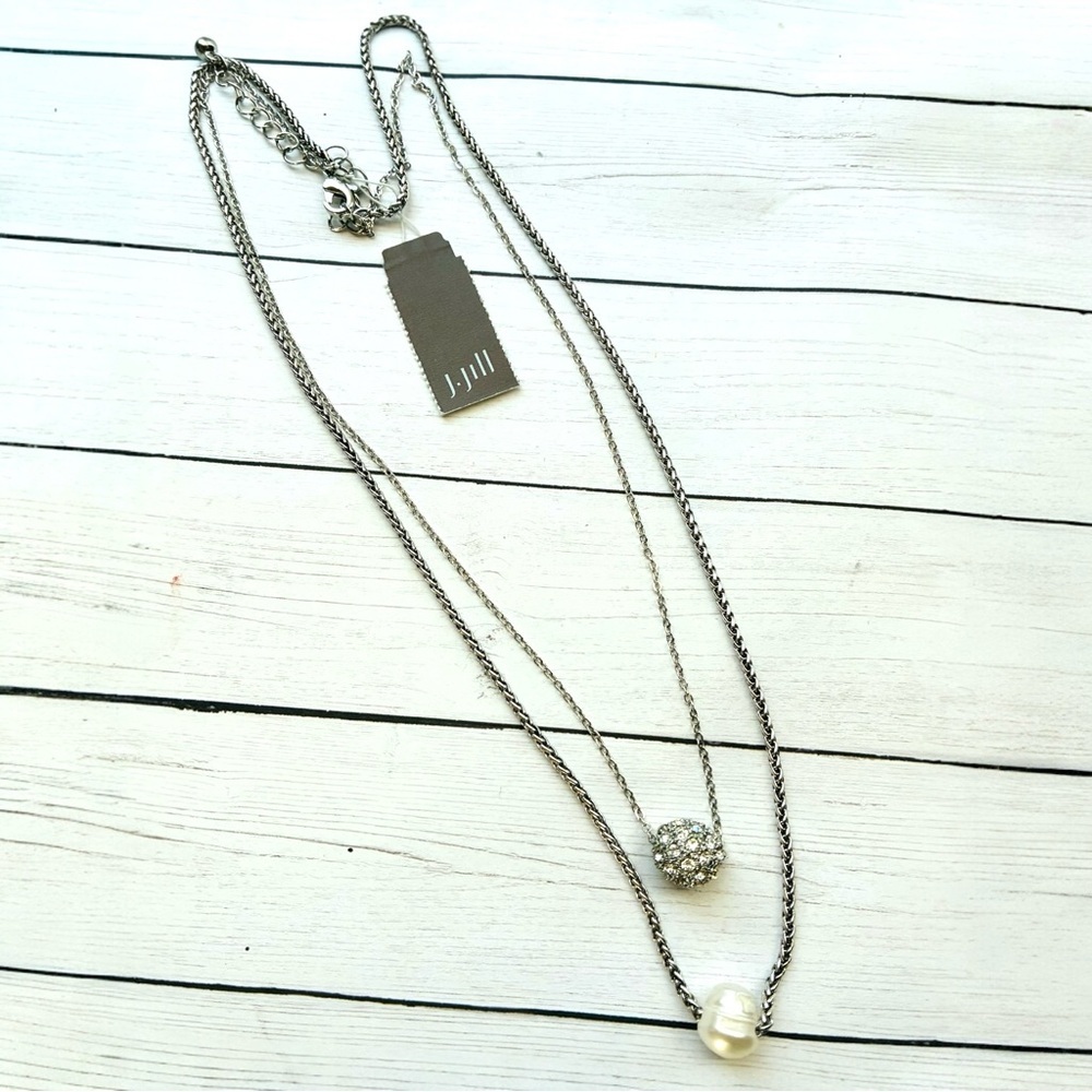 New NWT J. Jill Silver Classic Layered Pearl Rhinestone Crystal Necklace $49 Tag
